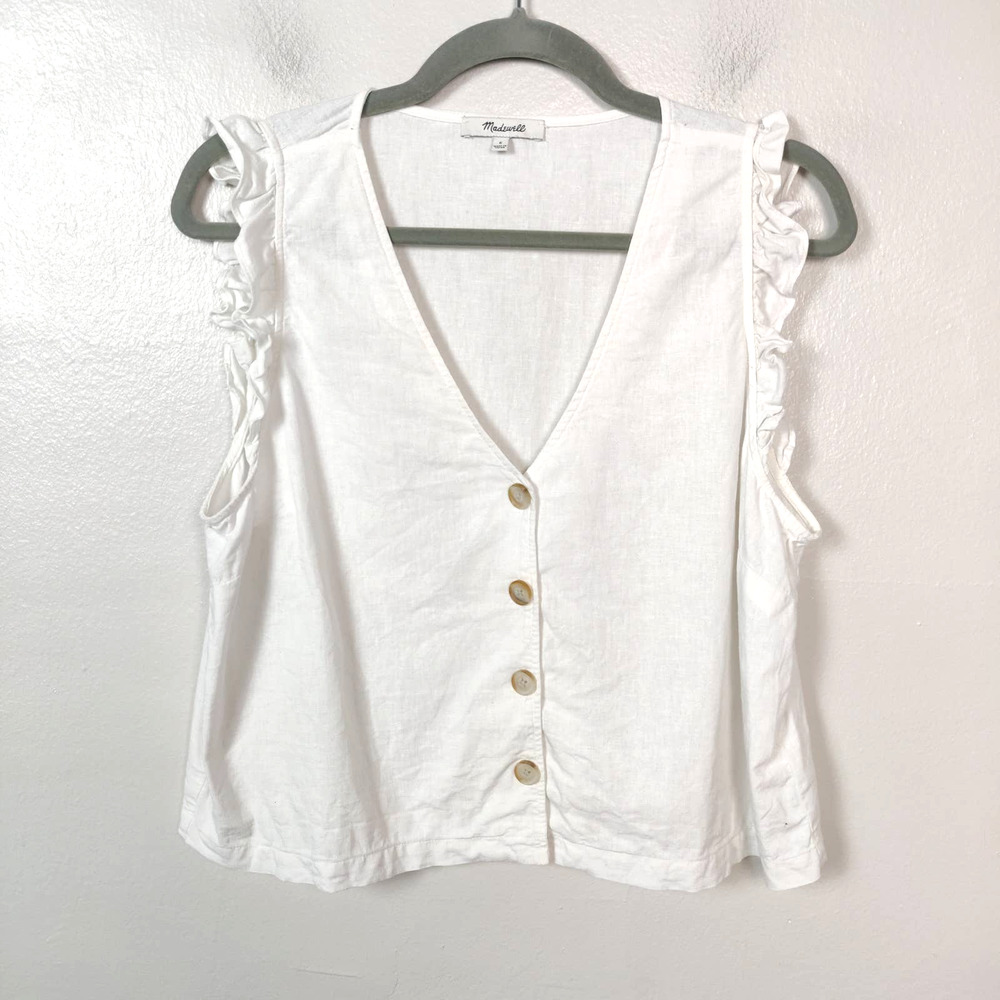 Madewell Tank Top Women's 6 White Linen-Blend Ruffle Button-Front Preppy V-Neck
